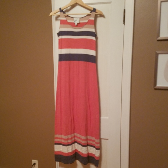 Striped Coral, Blue, and Tan Maxi Dress - Picture 1 of 3